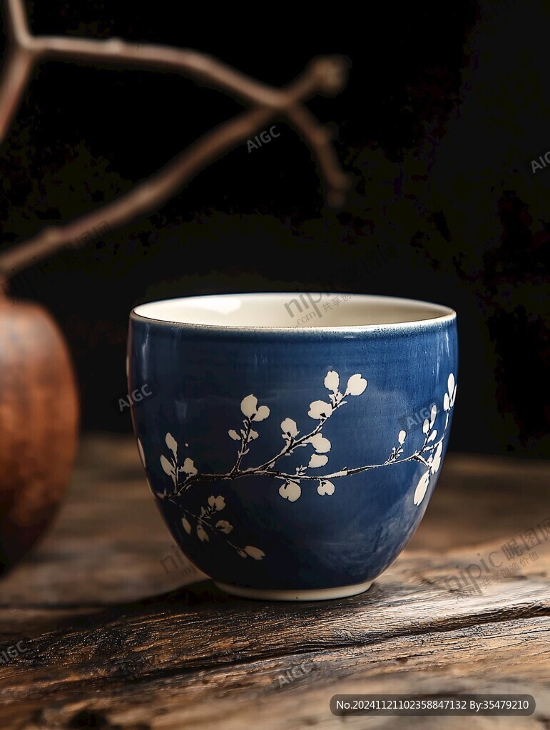 蓝彩金彩月影梅纹杯