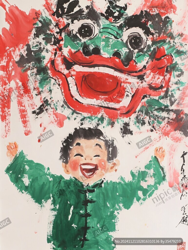 舞狮水彩画