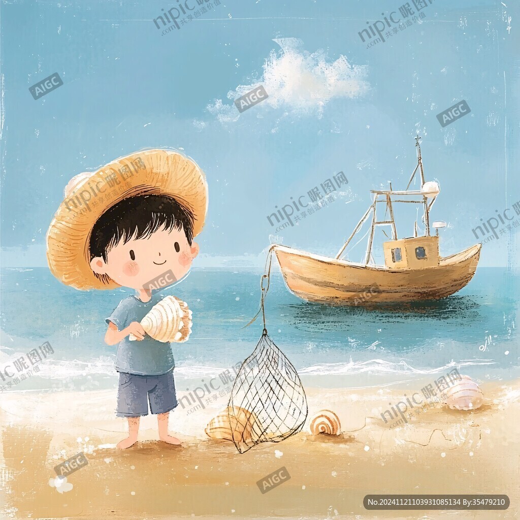 捡贝壳插画