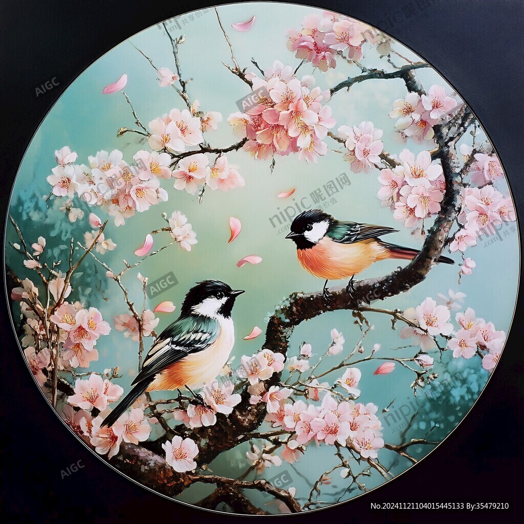 圆形桃花鸟画