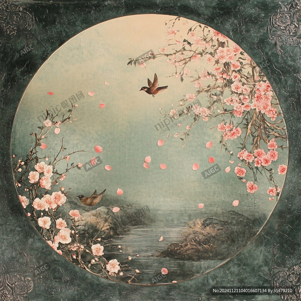 圆形桃花鸟画
