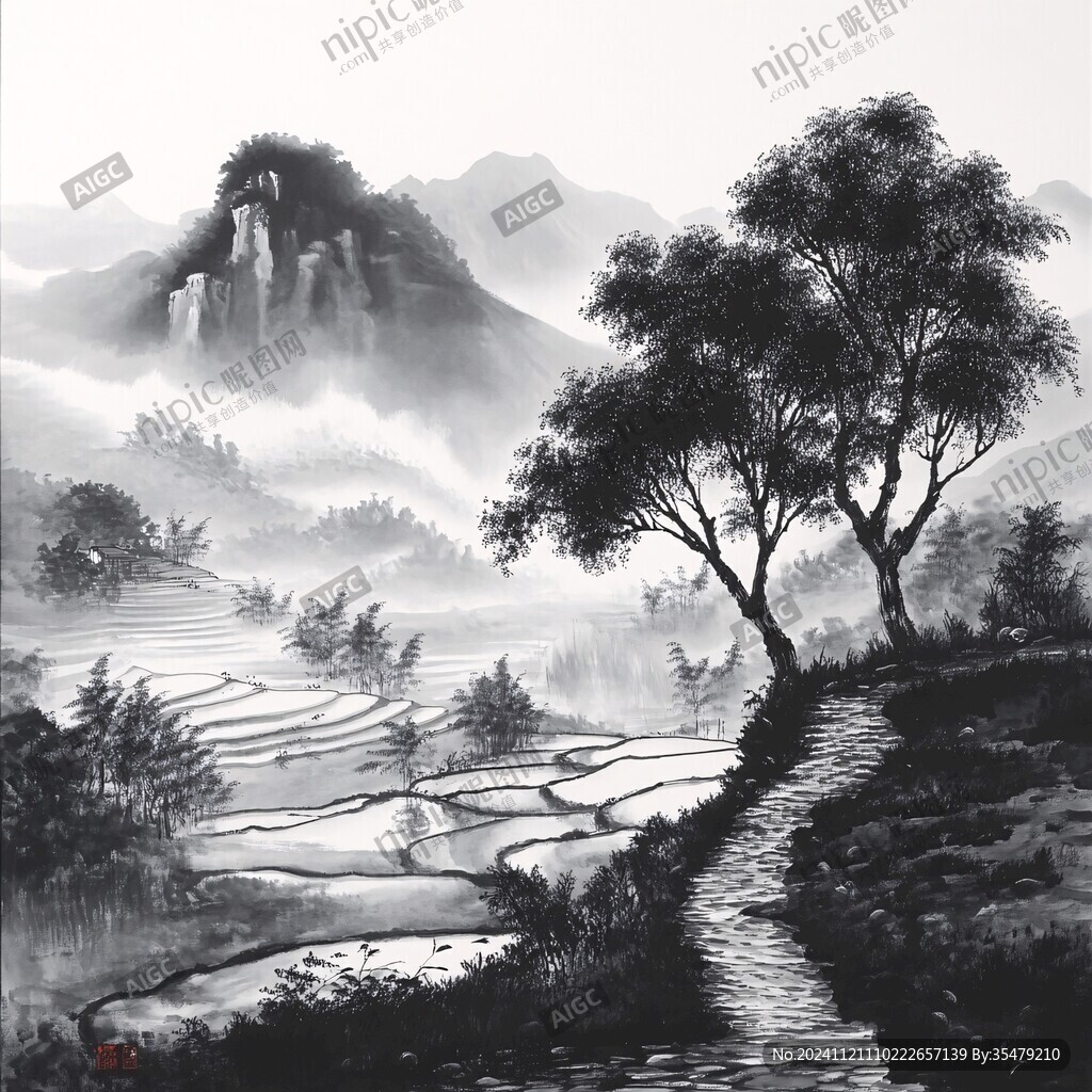 手绘风景画烟雾山水画