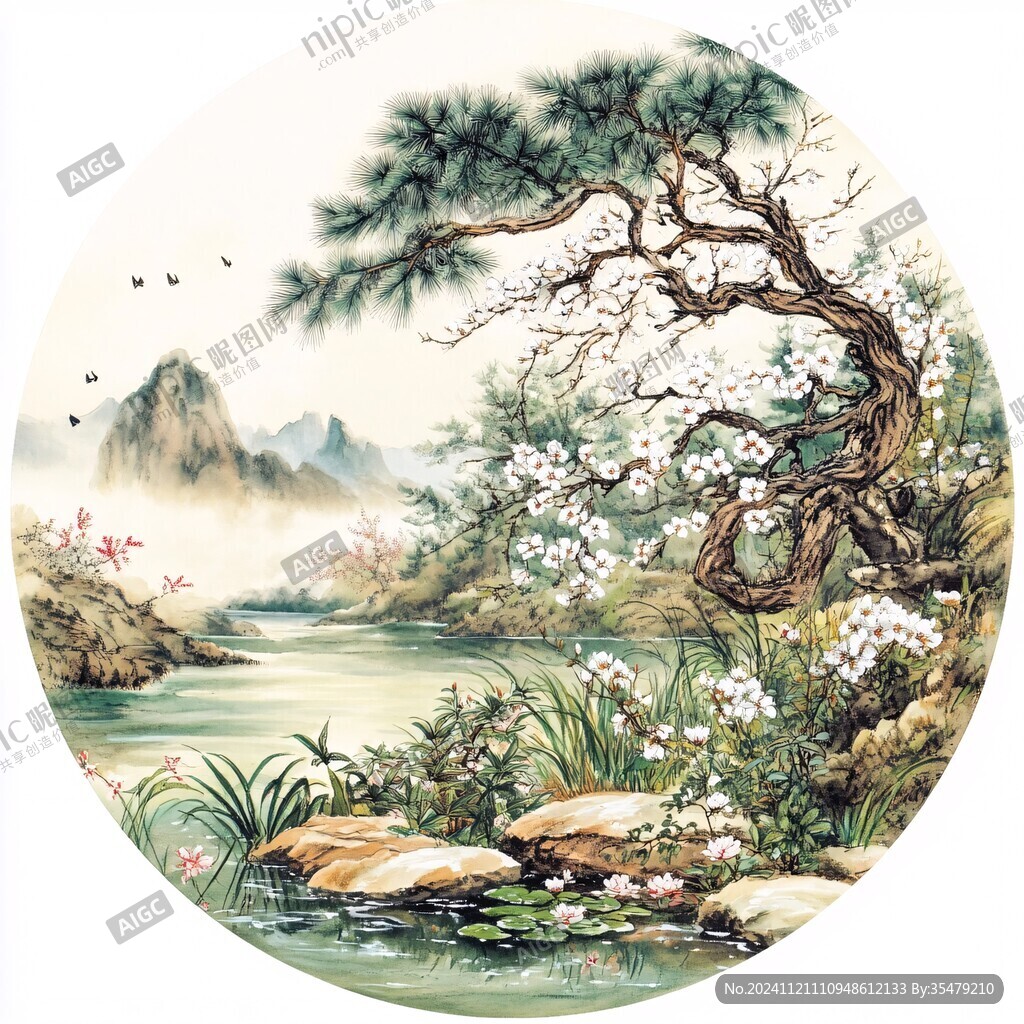 花鸟山水圆形画