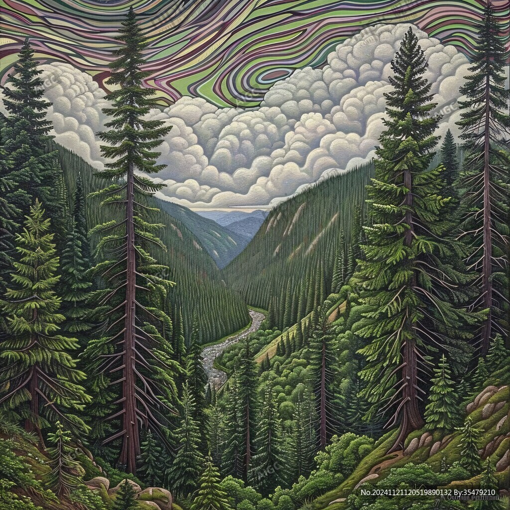 手绘油画群山河流线条