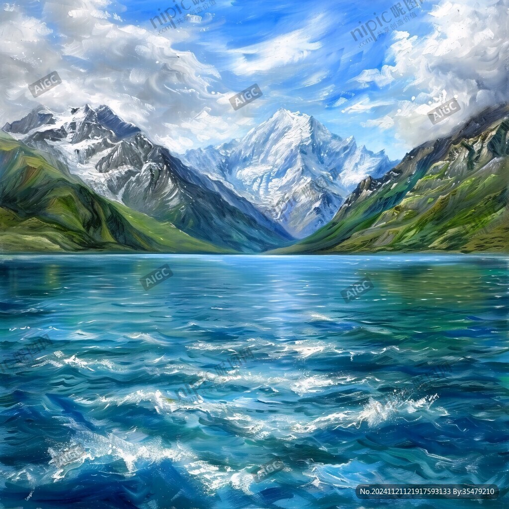 雪山河流油画