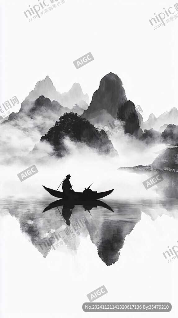 水墨山水倒影禅境
