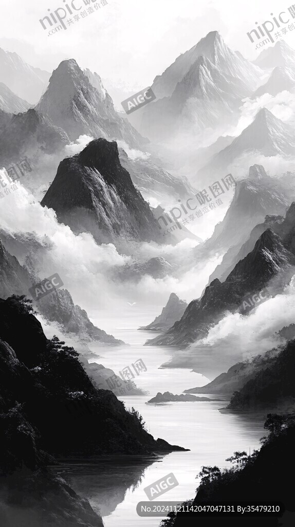 黑白意境水墨山