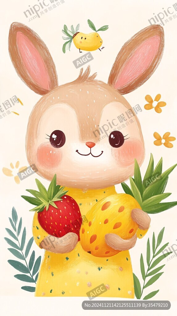 兔兔提草莓插画