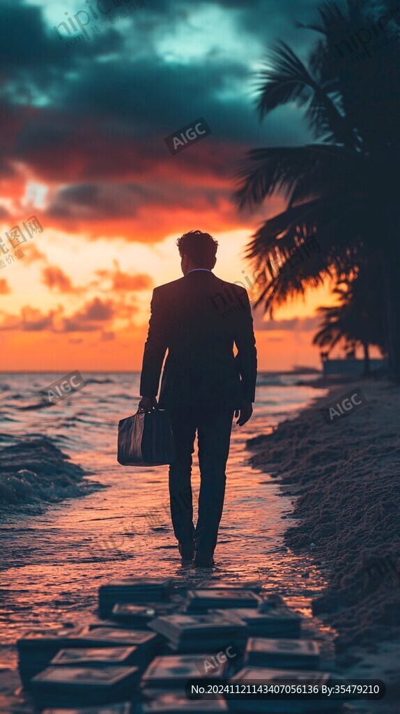夕阳下大海边男人剪影