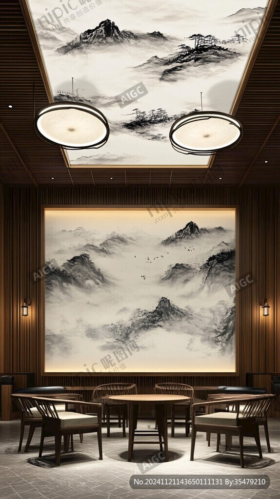 茶室背景墙山水壁画