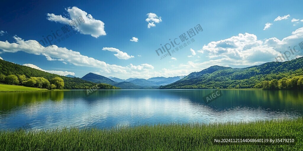 蓝天白云绿水山林背景