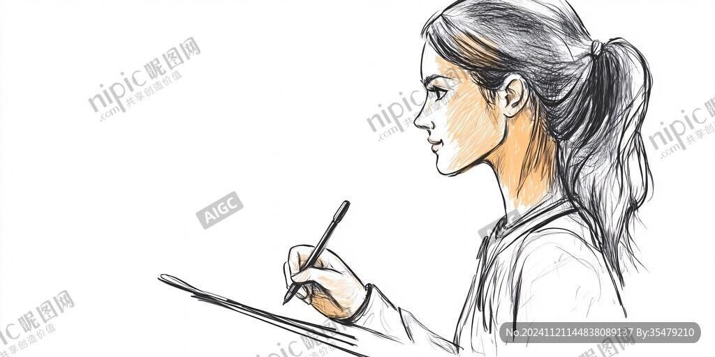 手绘工作的女孩线稿