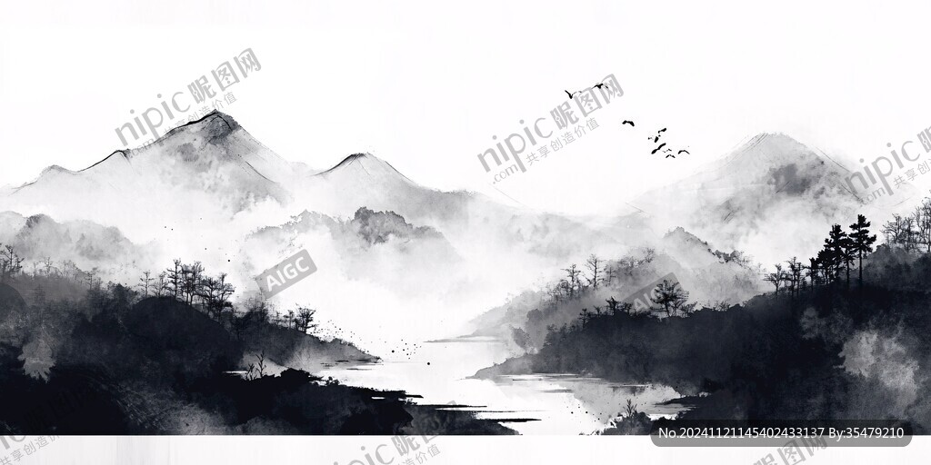 黑白中式水墨山水画芯
