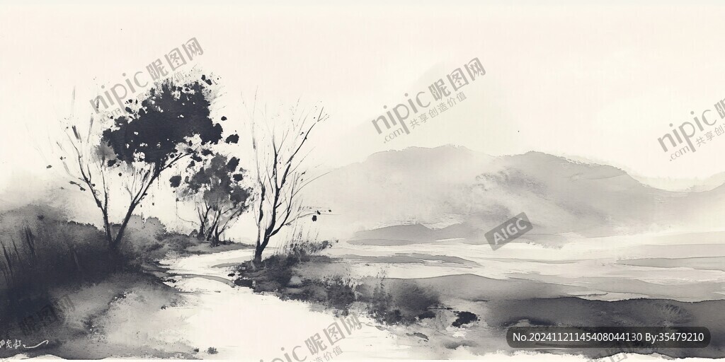 插画华南水彩水墨山水