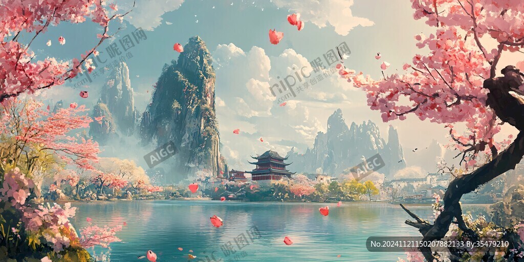 桃花源记古风山水插画