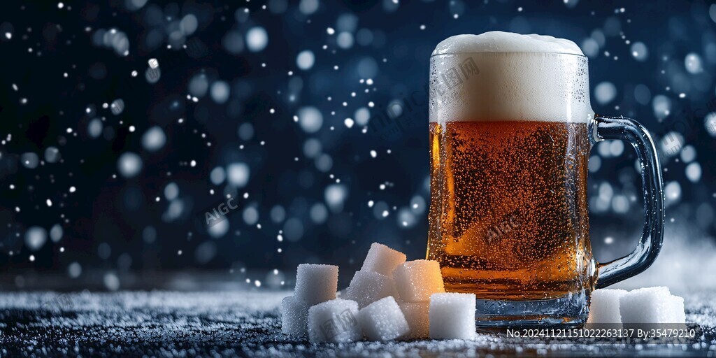 雪地上的一杯啤酒