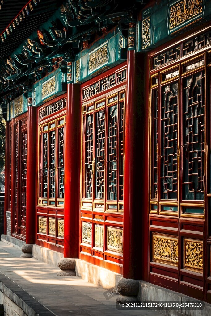 古建筑大殿红色隔扇