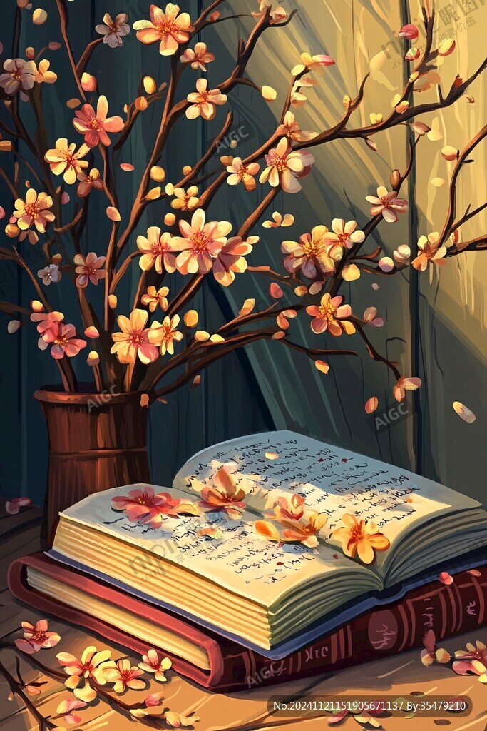 书籍花卉插图素材