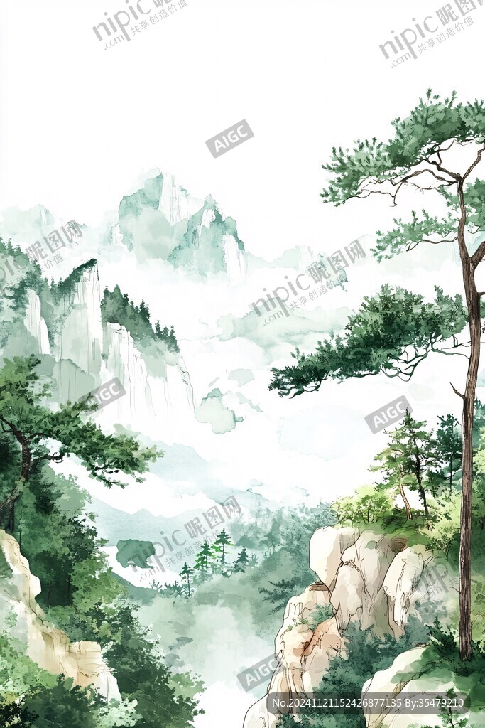 手绘古风松树山水插画