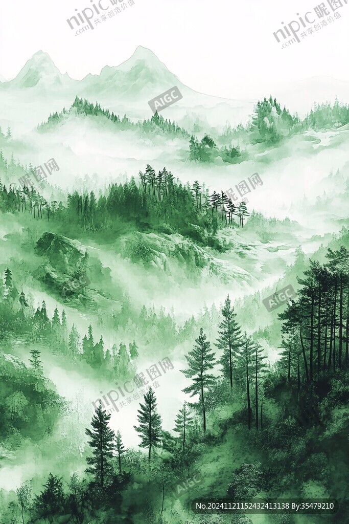 绿色水墨画绿色风景画