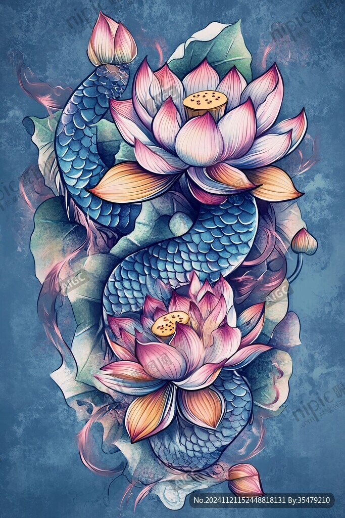 鲤鱼荷花纹身