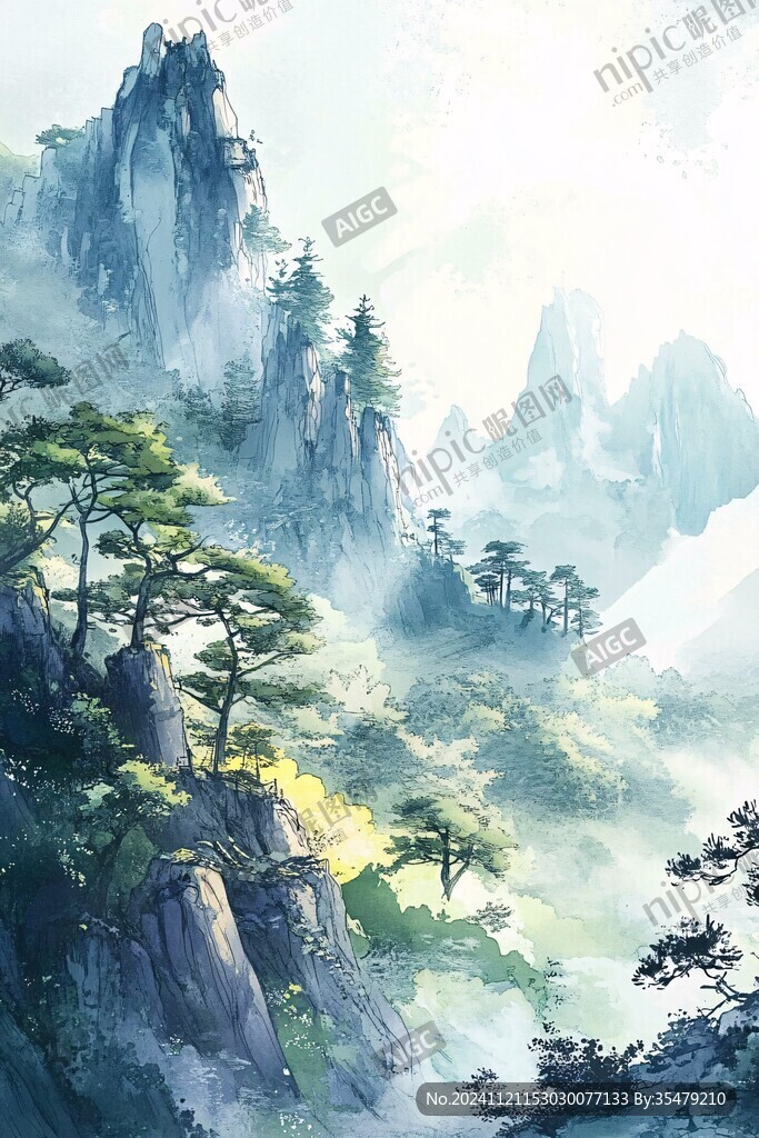 古风迎客松插画