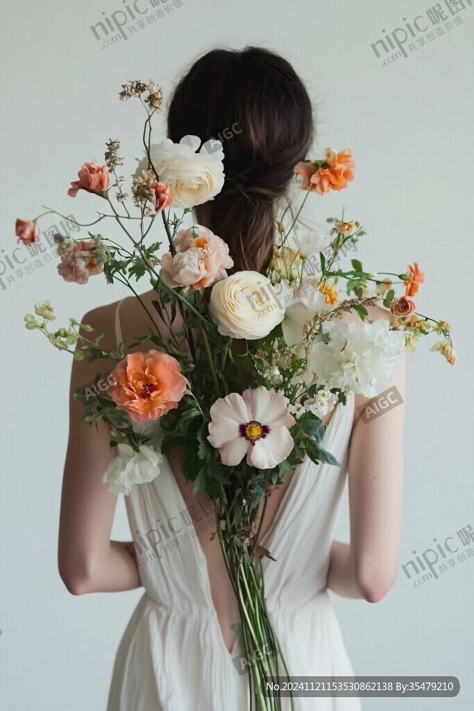 鲜花少女背影