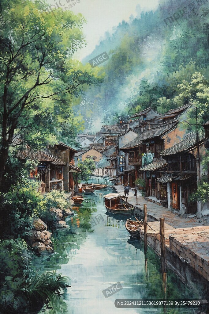 江南古镇油画效果