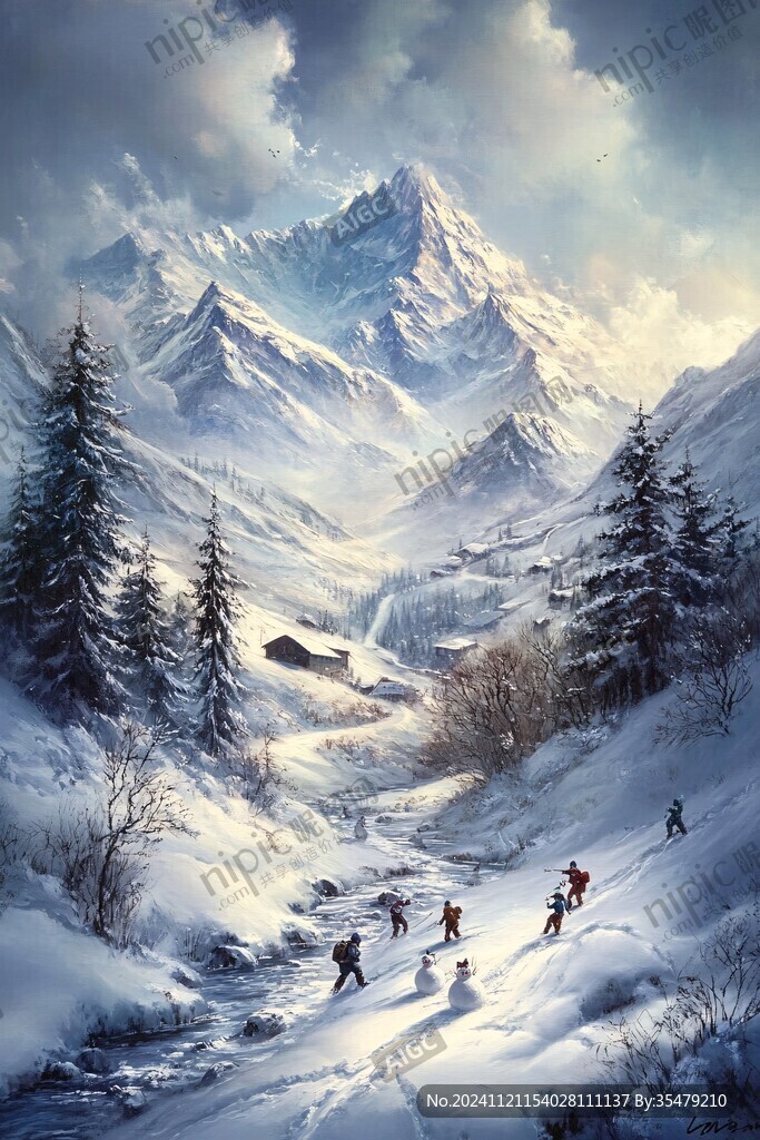 雪山飞雪油画