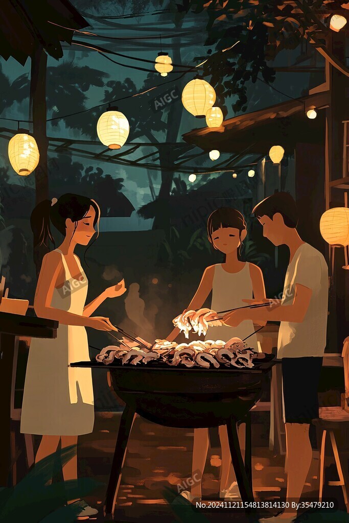 户外烧烤插画