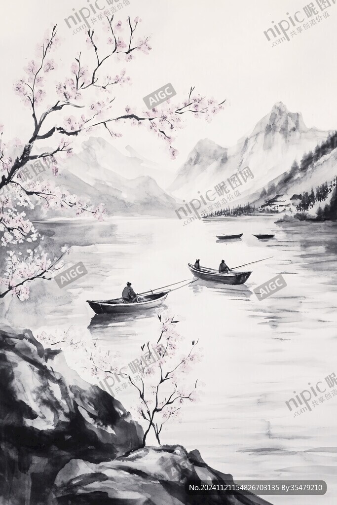 水墨桃花禅意山水