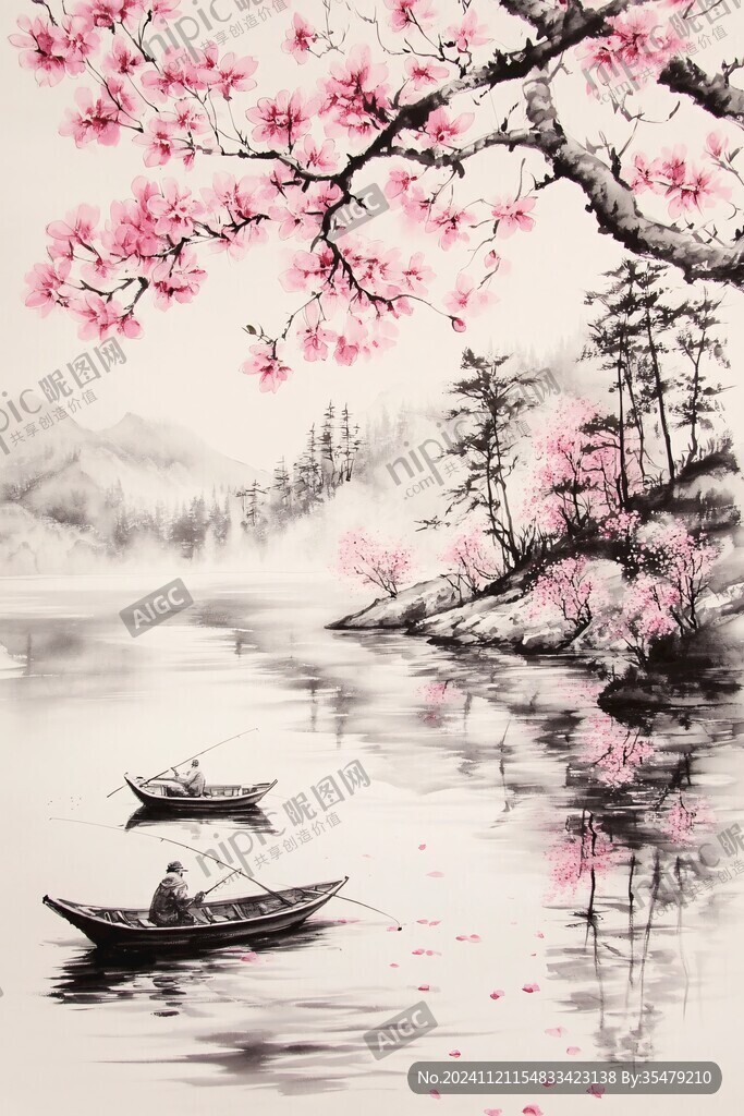 水墨桃花禅意山水