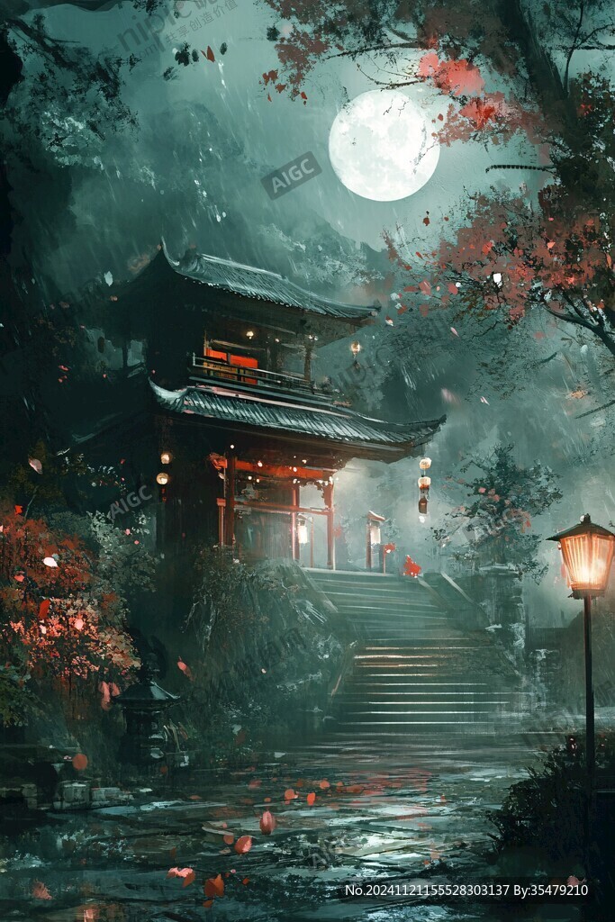 亭台楼阁古风插画