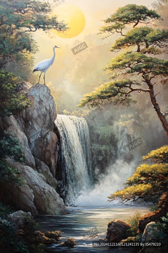 圆形瀑布鹤舞装饰画