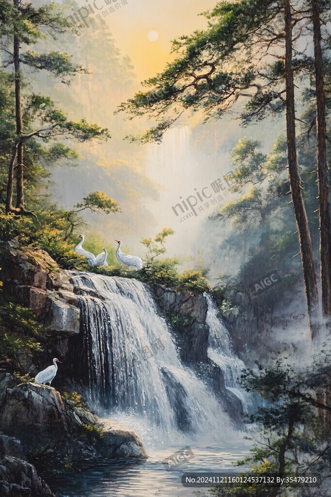 山水风景油画瀑布