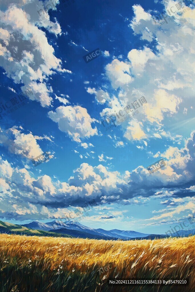 蓝天白云绿草油画