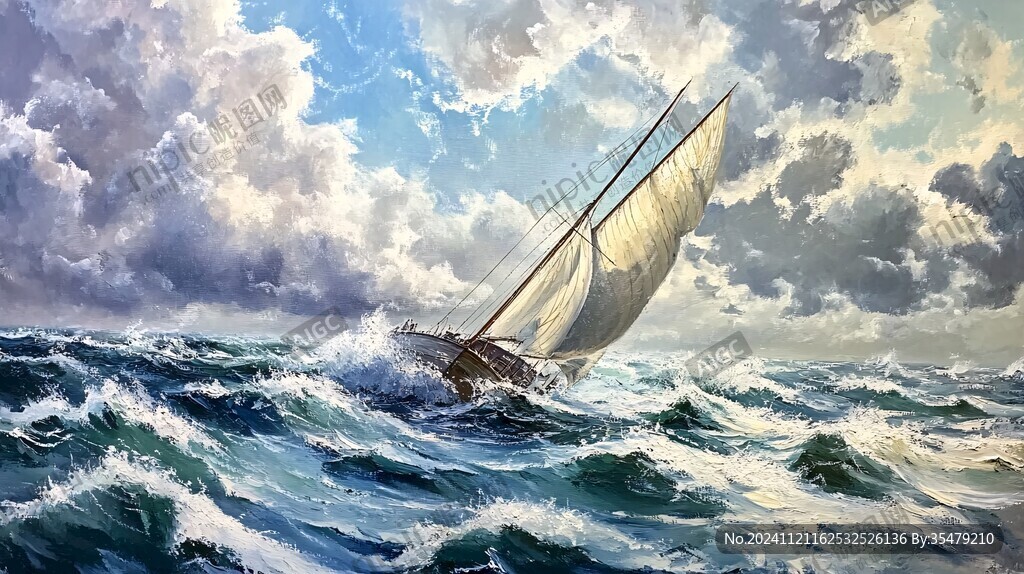 扬帆踏浪油画