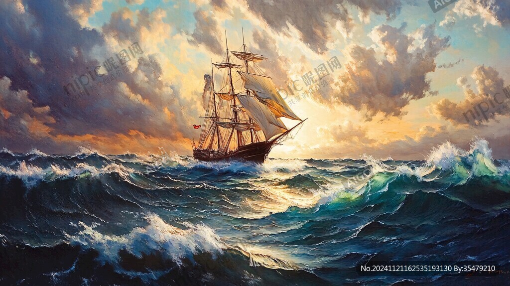 扬帆踏浪油画
