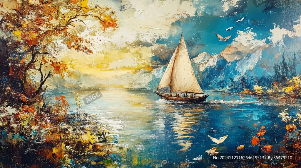 帆船风景油画
