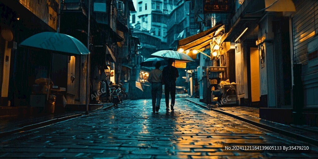 夜晚雨中行走的人