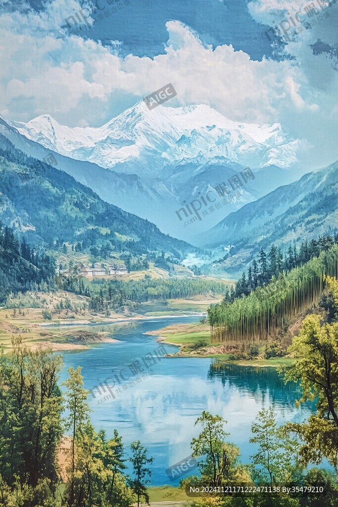 雪山森林河水