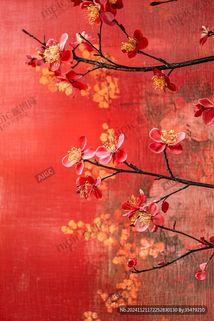 工笔手绘红墙梅花