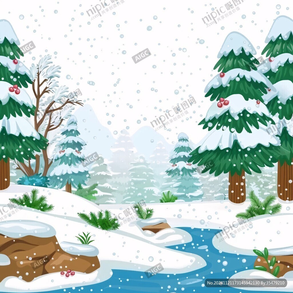 雪松雪景雪山插画