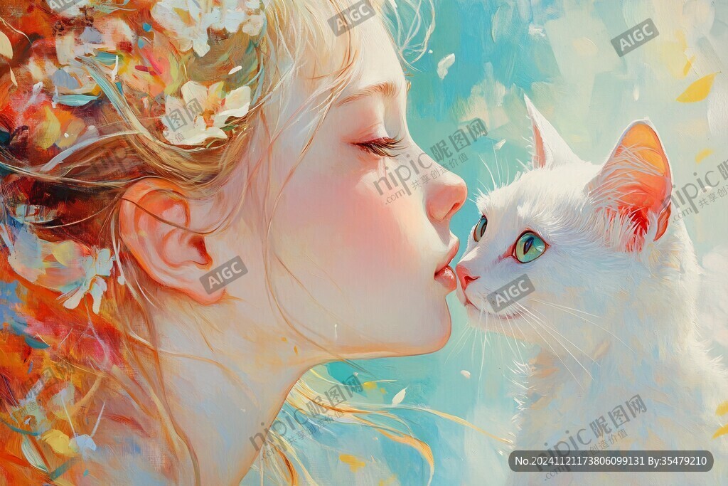 撸猫少女插画