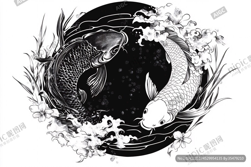 黑白手绘鲤鱼