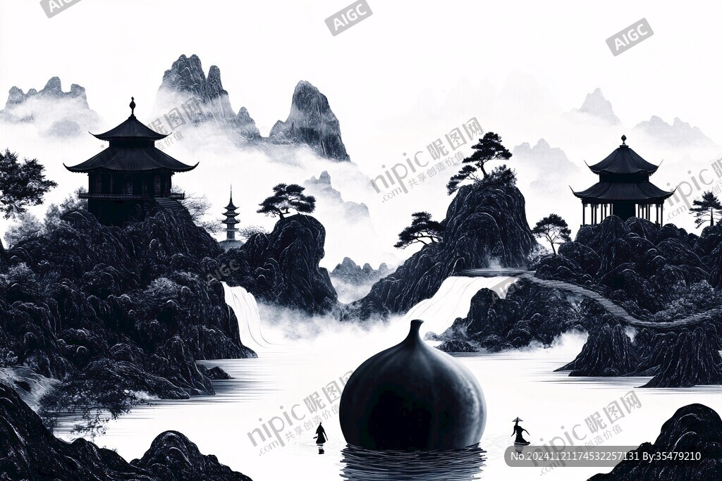 新中式包装风景插画