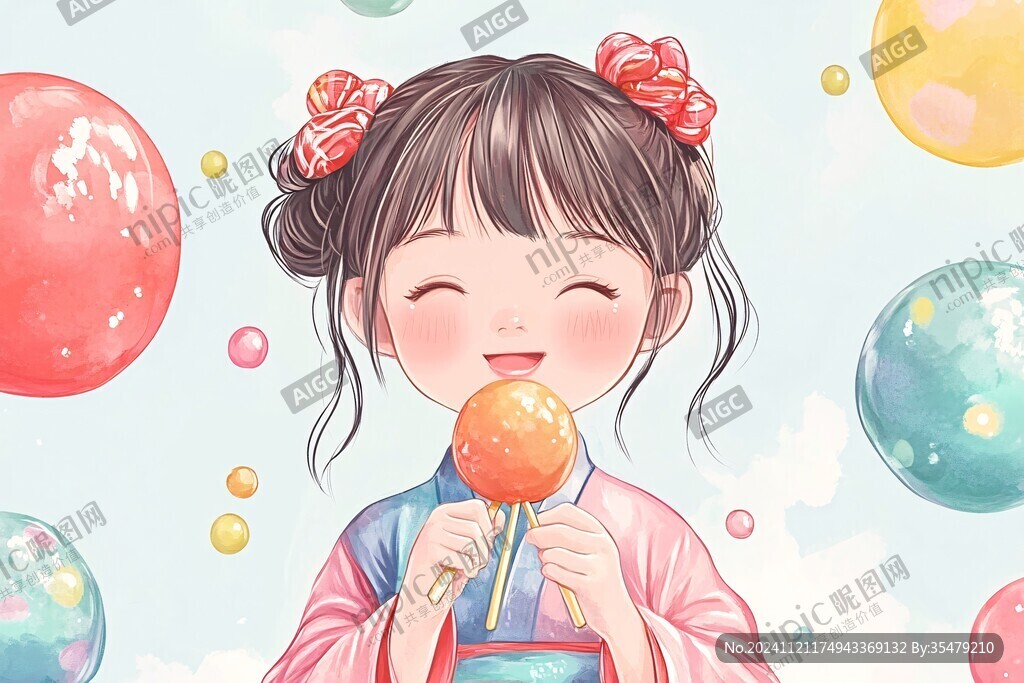 吃月饼的小女孩插画