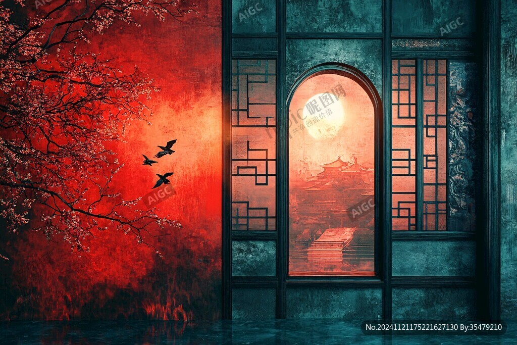 中式窗景插画