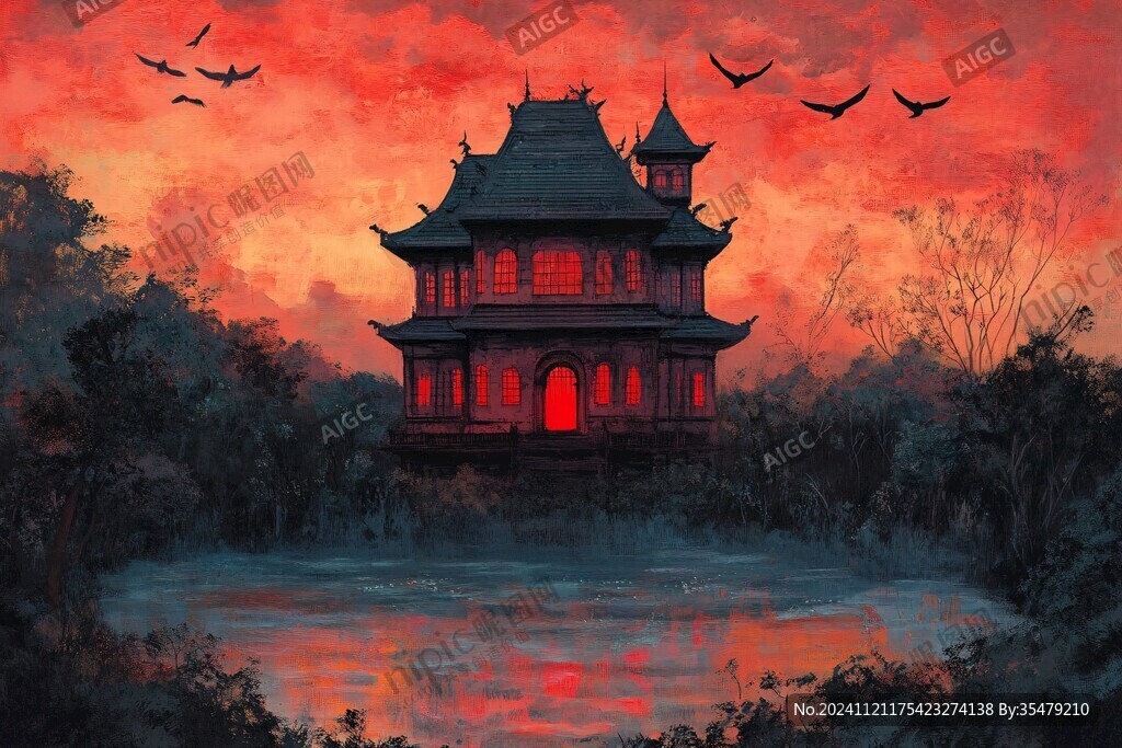 亭台楼阁意境插画