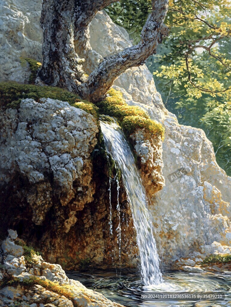 山水风景油画瀑布